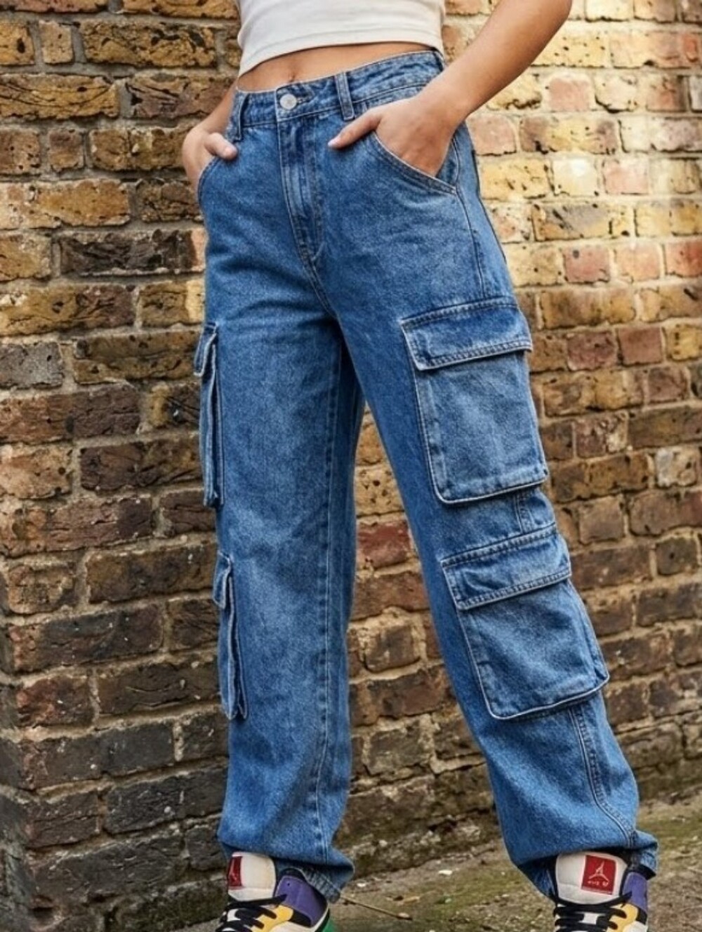 Primark Women’s Utility Cargo Jeans – Mid-Wash Blue, Size 10